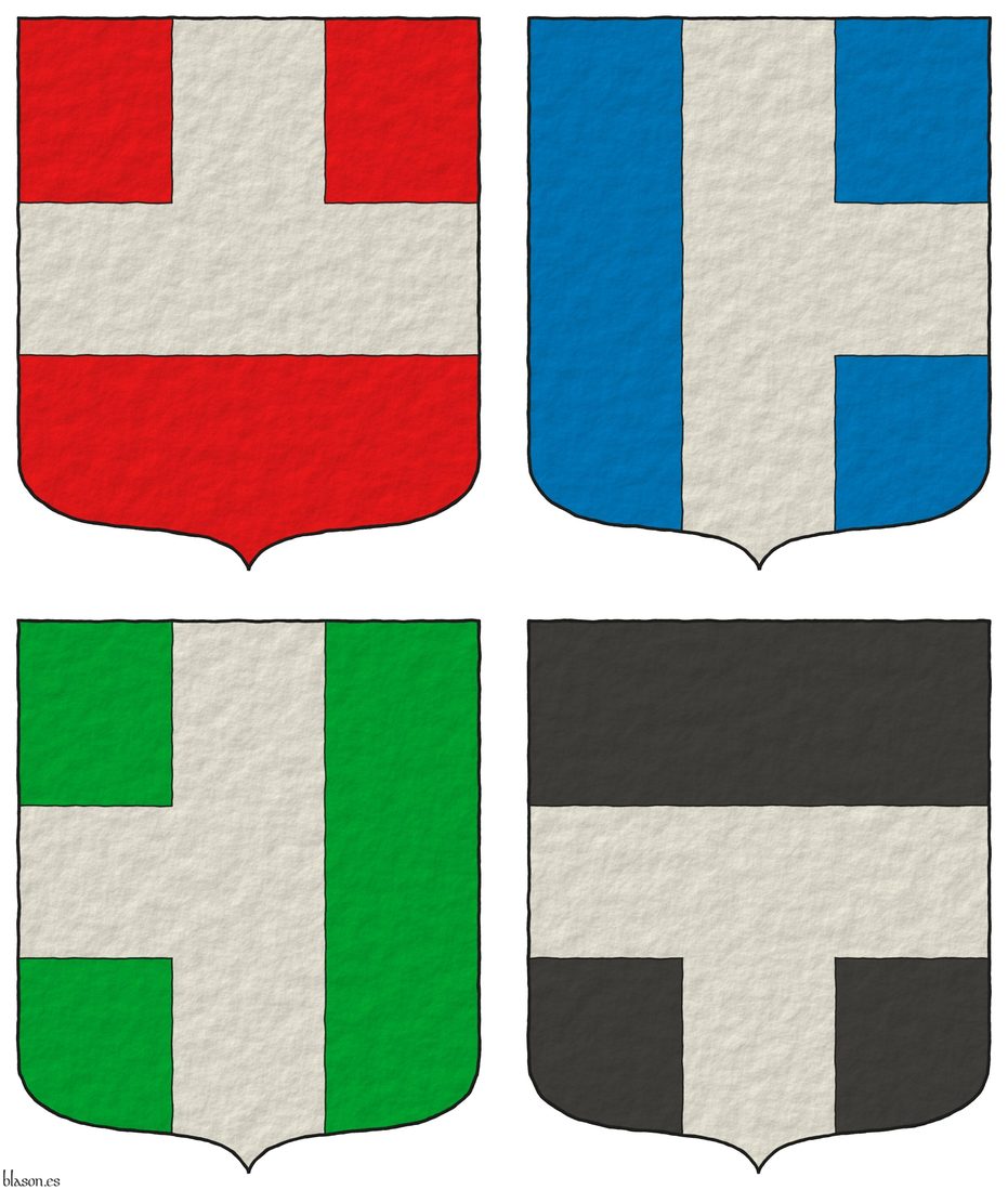 [Gules, a demi-pale-fess Argent], [Azure, a pale-demi-fess Argent], [Vert, a demi-fess-pale Argent], and [Sable, a fess-demi-pale Argent]