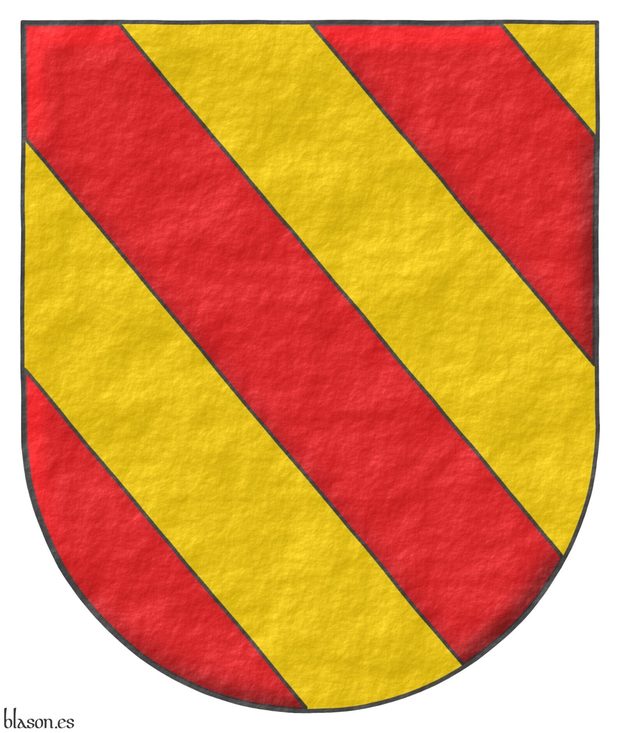 Escudo bandado de seis piezas de gules y oro.