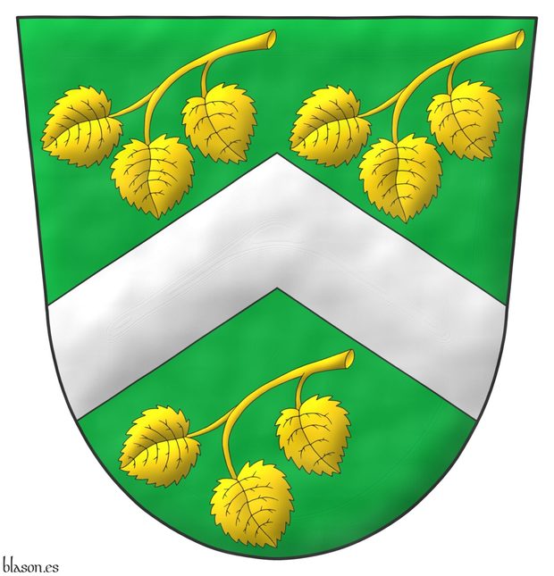 Vert, a chevron Argent between three linden sprigs, three-leaved, enarched bend sinisterwise Or.