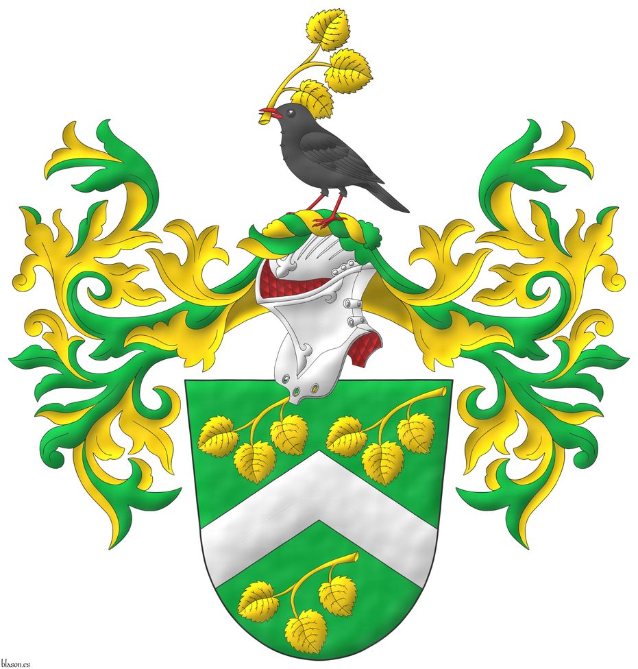 Vert, a chevron Argent between three linden sprigs, three-leaved, enarched bend sinisterwise Or. Crest: Upon a tilting helm with a wreath Or and Vert, a blackbird (Turdus merula) proper, armed, membered and beaked Gules, holding in the beak over its back a linden sprig, three-leaved, enarched Or. Mantling: Vert doubled Argent.
