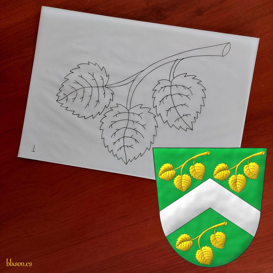 Vert, a chevron Argent between three linden sprigs, three-leaved, enarched bend sinisterwise Or.