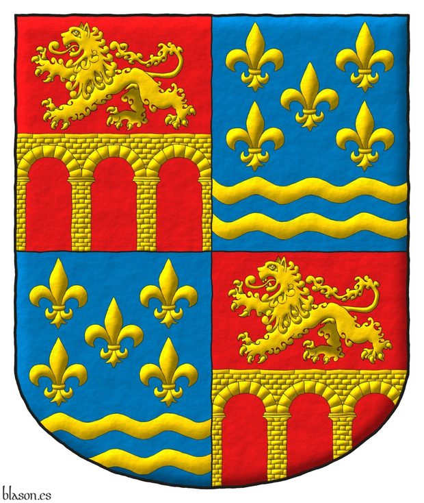 Escudo cuartelado: 1o y 4o de gules, un puente de tres ojos moviente de la punta y los flancos de oro; 2o y 3o de azur, cinco flores de lis, en punta dos fajas ondadas, todo de oro.