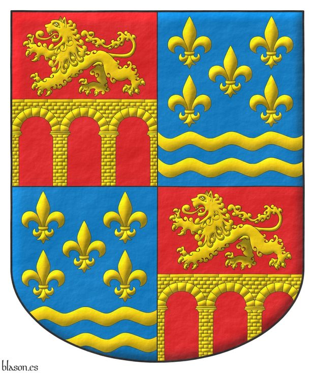 Escudo cuartelado: 1o y 4o de gules, un puente de tres ojos moviente de la punta y los flancos de oro; 2o y 3o de azur, cinco flores de lis, en punta dos fajas ondadas, todo de oro.