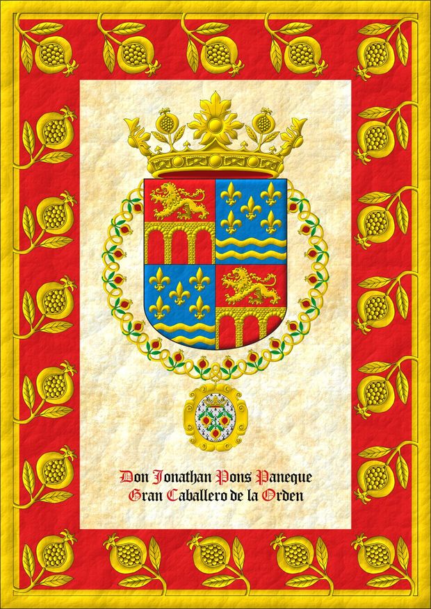 Quarterly: 1 and 4 Gules, a three arch bridge issuant from base and throughout Or; 2 and 3 Azure, five fleurs de lis, in base two bars wavy Or. Crest: A crown of the Sovereign and Most Noble Order of the Pomegranate. The shield is surrounded by the Grand Collar of the Sovereign and Most Noble Order of the Pomegranate.