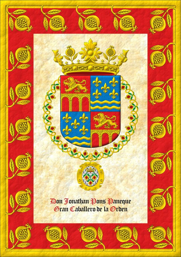 Escudo cuartelado: 1o y 4o de gules, un puente de tres ojos moviente de la punta y los flancos de oro; 2o y 3o de azur, cinco flores de lis, en punta dos fajas ondadas, todo de oro. Timbrado de una corona de la Soberana y Muy Noble Orden de la Granada. El escudo est rodeado del Gran Collar de la Soberana y Muy Noble Orden de la Granada.