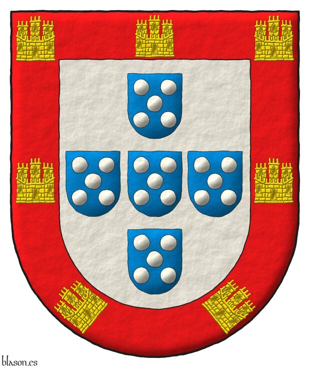 Escudo de plata, cinco escudetes en cruz de azur, cada uno cargado de cinco bezantes en sotuer de plata; una bordura de gules, cargada de siete castillos de oro, tres en jefe, uno en cada flanco y dos en punta