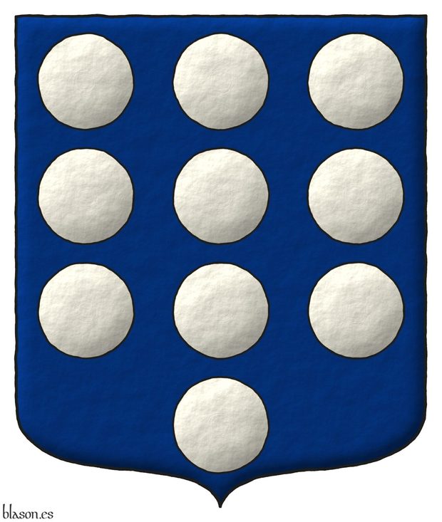 Azure, ten plates, 3, 3, 3 and 1.