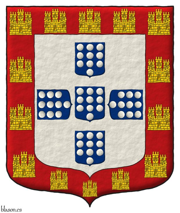 Argent, five escutcheons in cross Azure, each charged with ten plates, 3, 3, 3 and 1; a bordure Gules, charged with fourteen castles triple-towered Or, 5, 2, 2, 2, 2 and 1.