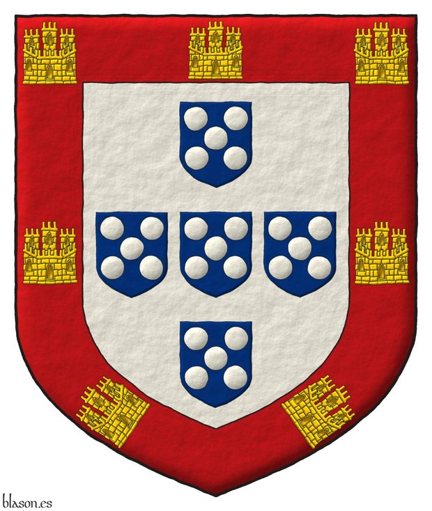 Escudo de plata, cinco escudetes en cruz de azur, cada uno cargado de cinco bezantes en sotuer de plata; una bordura de gules, cargada de siete castillos de oro, 3, 1 y 3.