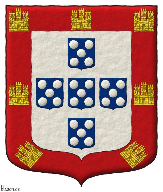 Argent, five escutcheons in cross Azure, each charged with five plates in saltire; a bordure Gules, charged with seven castles triple-towered Or, 3, 2, and 2.