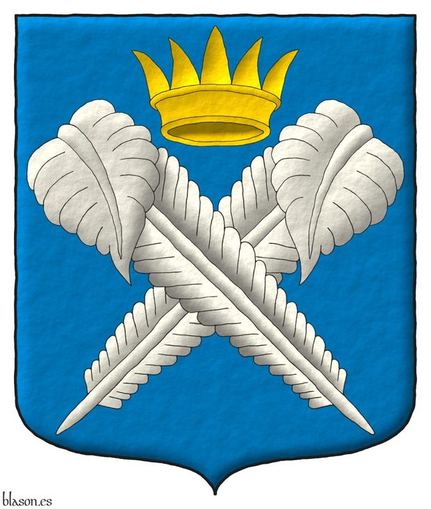 Escudo de azur, dos plumas en sotuer de plata surmontadas por una corona antigua de oro.