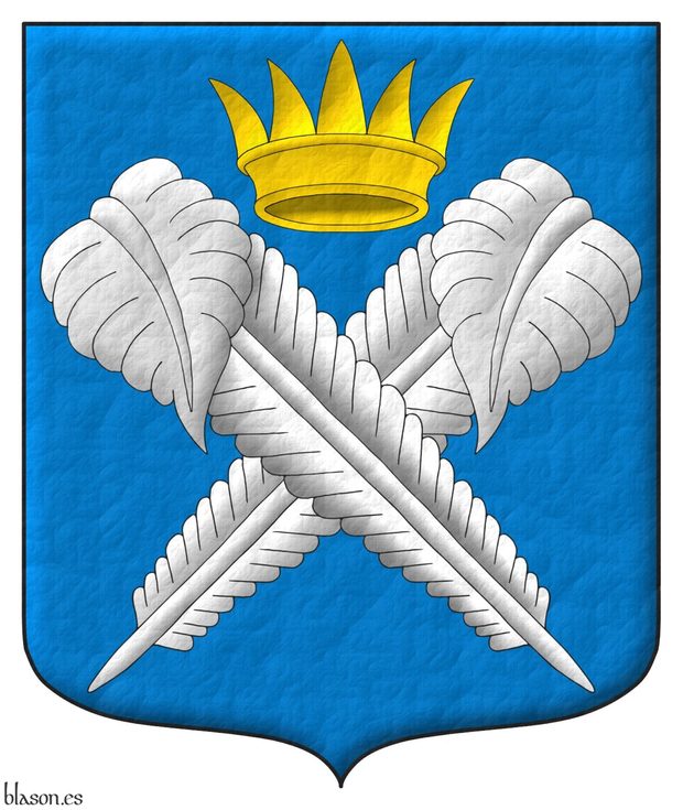 Azure, two quills in saltire Argent, in chief an ancient coronet Or.
