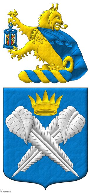 Azure, two quills in saltire Argent, in chief an ancient coronet Or. Crest: Upon a wreath Or and Azure, a demi-lynx regardant Or, caped Azure, maintaining in dexter a lantern Azure, enflamed proper.