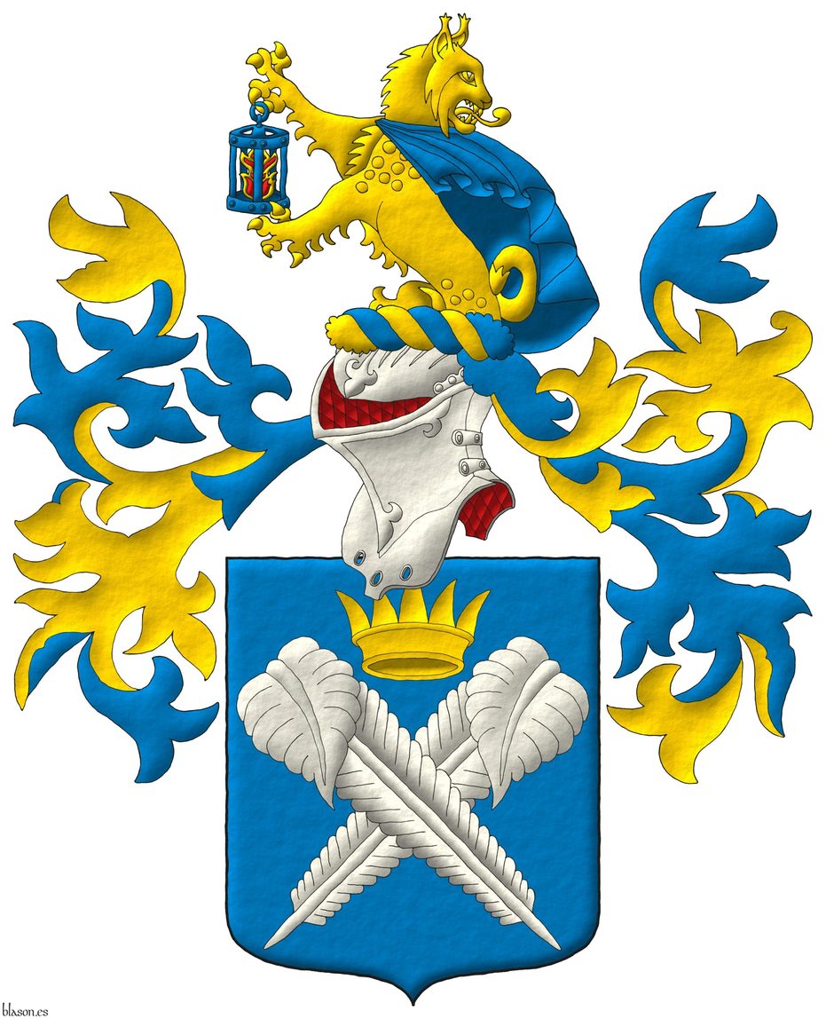 Escudo de azur, dos plumas en sotuer de plata surmontadas por una corona antigua de oro. Timbrado de un yelmo adornado de dos lambrequines de azur doblados de oro, un burelete de oro y azur, cimado de un lince saliente, contornado de oro, con capa de azur, teniendo en su diestra una linterna de azur, encendida al natural.
