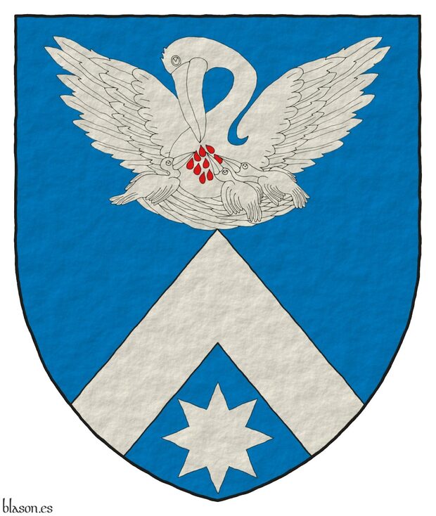 Escudo de azur, un cabrio en punta sosteniendo un pelcano en su piedad, desplegado de plata, ensangrentado de gules, en punta una estrella de ocho puntas de plata.