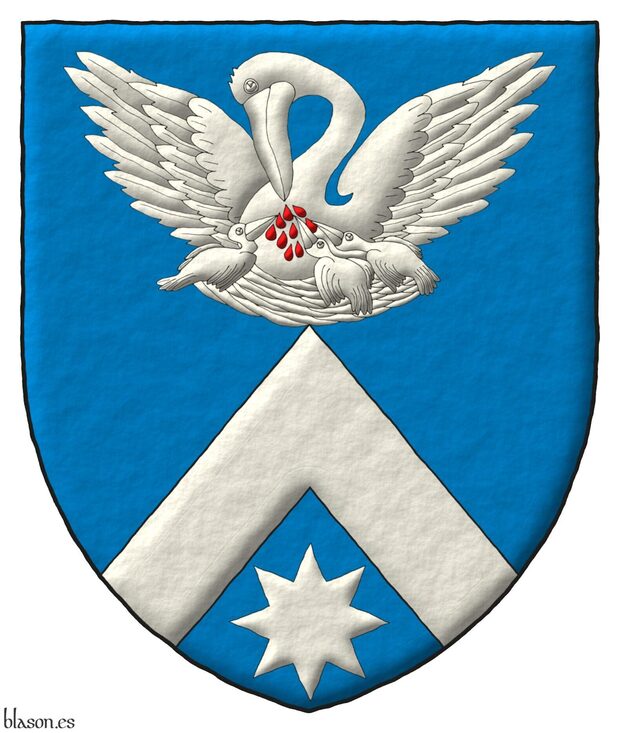 Escudo de azur, un cabrio en punta sosteniendo un pelcano en su piedad, desplegado de plata, ensangrentado de gules, en punta una estrella de ocho puntas de plata.