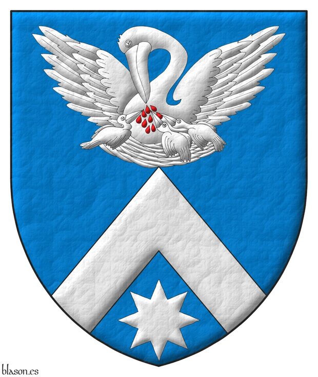 Azure, a chevron in base ensigned by a pelican in her piety Argent, vulned Gules, in base a mullet of eight points Argent. Notice the nest must touch the chevron abased.