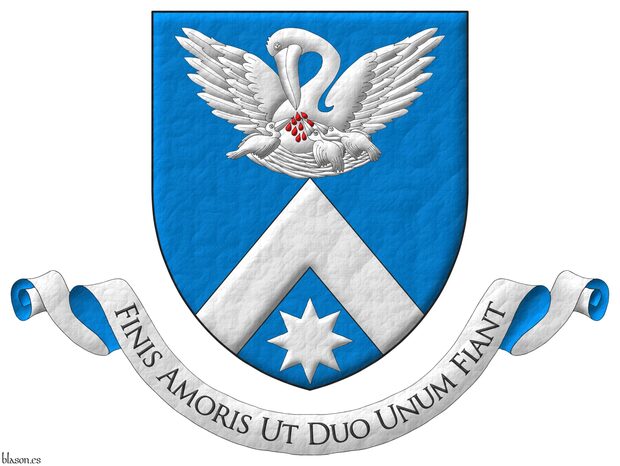 Escudo de azur, un cabrio en punta sosteniendo un pelcano en su piedad, desplegado de plata, ensangrentado de gules, en punta una estrella de ocho puntas de plata. Lema: Finis amoris ut duo unum fiant de sable sobre una filacteria de plata doblada de azur.