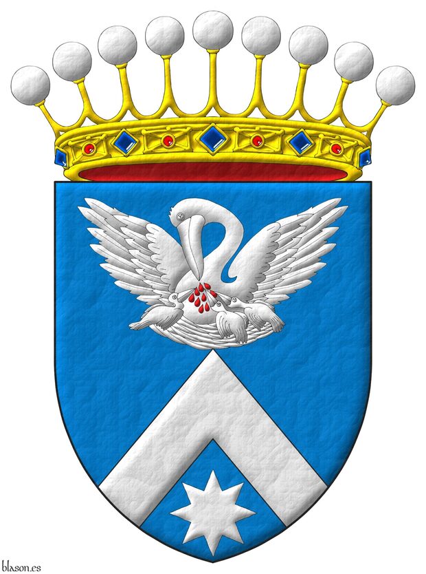 Escudo de azur, un cabrio en punta sosteniendo un pelcano en su piedad, desplegado de plata, ensangrentado de gules, en punta una estrella de ocho puntas de plata. Timbrado de una corona de conde.