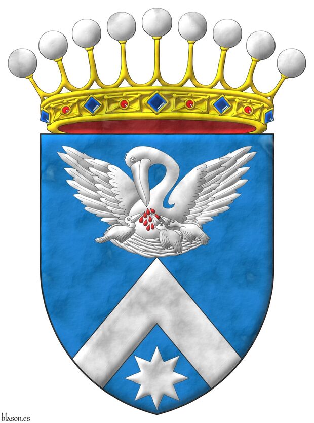 Azure, a chevron in base ensigned by a pelican in her piety Argent, vulned Gules, in base a mullet of eight points Argent. Notice the nest must touch the chevron abased. Crest: a crown of Count.