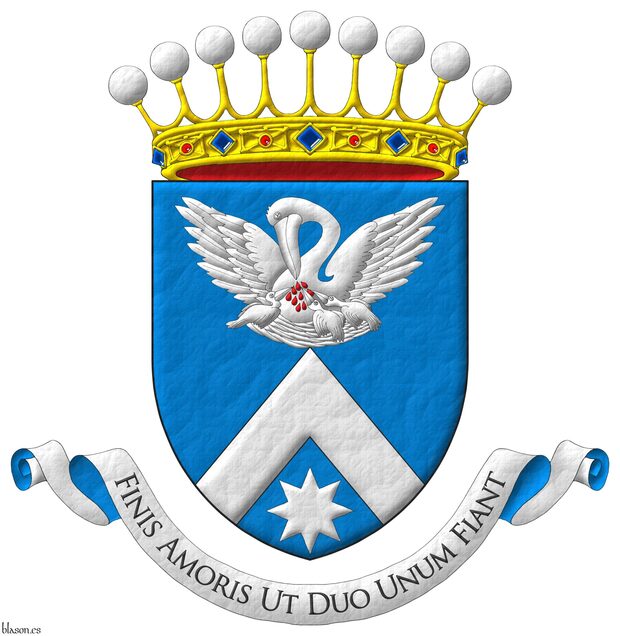 Escudo de azur, un cabrio en punta sosteniendo un pelcano en su piedad, desplegado de plata, ensangrentado de gules, en punta una estrella de ocho puntas de plata. Timbrado de una corona de conde. Lema: Finis amoris ut duo unum fiant de sable sobre una filacteria de plata doblada de azur.