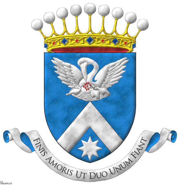Azure, a chevron in base ensigned by a pelican in her piety Argent, vulned Gules, in base a mullet of eight points Argent. Crest: a crown of Count. Motto: Finis amoris ut duo unum fiant Sable over a scroll Argent doubled Azure.