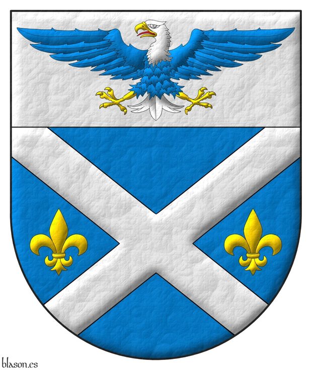 Azure, a saltire Argent between two fleurs de lis in fess Or; on a chief Argent, a bald eagle displayed Azure, head and tail Argent, beaked, armed and membered Or, langued Gules.
