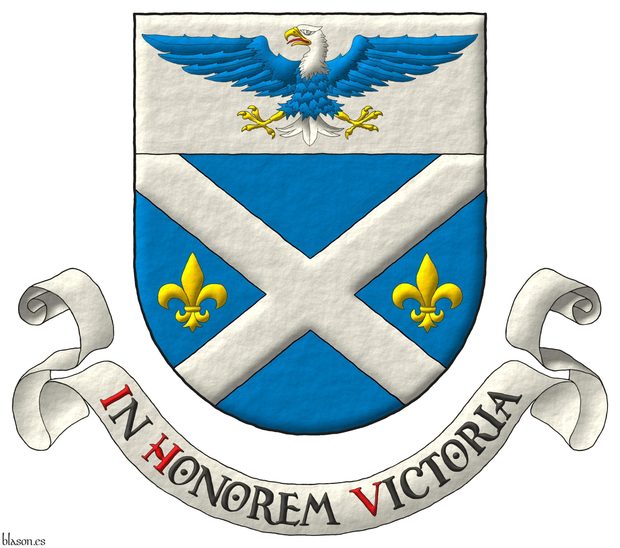 Escudo de azur, un sotuer de plata acompa�ado de dos flores de lis en faja de oro; en un jefe de plata, un �guila calva de azur, cabeza y cola de plata, picada, armada y membrada de oro, lampasada de gules. Lema: �In Honorem Victoria� de sable, con las letras iniciales de gules, sobre una filacteria de plata.