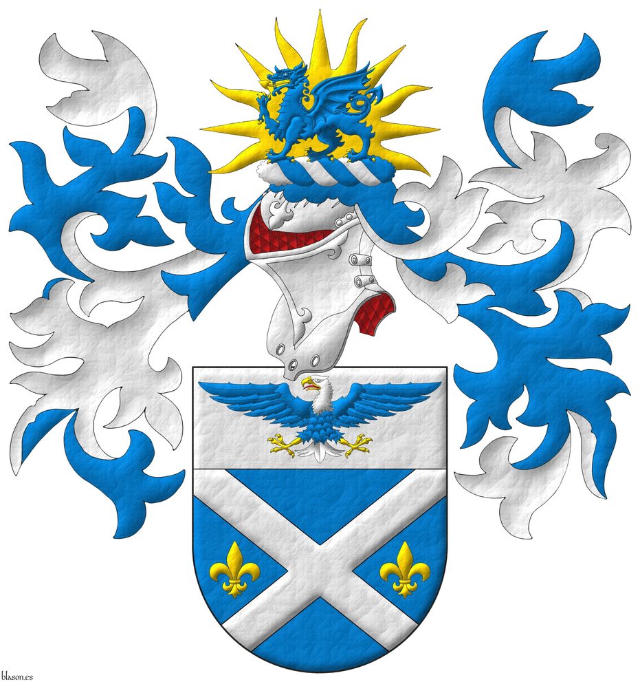 Azure, a saltire Argent between two fleurs de lis in fess Or; on a chief Argent, a bald eagle displayed Azure, head and tail Argent, beaked, armed and membered Or, langued Gules. Crest: Upon a helm with a wreath Argent and Azure, a dragon passant Azure, armed and langued Or; in front of a sun rising Or. Mantling: Azure doubled Argent.