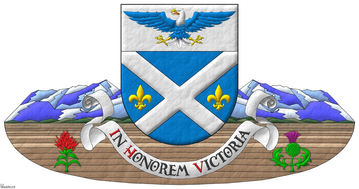 Azure, a saltire Argent between two fleurs de lis in fess Or; on a chief Argent, a bald eagle displayed Azure, head and tail Argent, beaked, armed and membered Or, langued Gules. Motto: �In Honorem Victoria� Sable, with initial letters Gules, over a scroll Argent. Terraced by rocky mountains and great plains charged with, in dexter, an Indian paintbrush, and in siniester, a thistle proper.