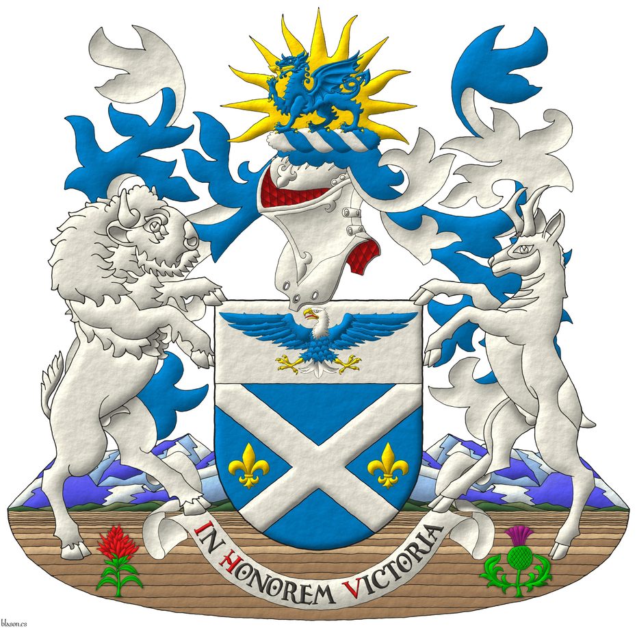 Escudo de azur, un sotuer de plata acompa�ado de dos flores de lis en faja de oro; en un jefe de plata, un �guila calva de azur, cabeza y cola de plata, picada, armada y membrada de oro, lampasada de gules. Timbrado de un yelmo adornado de dos lambrequines de azur doblados de plata, un burelete de plata y azur, cimado de un sol naciente de oro, resaltado de un drag�n pasante de azur, armado y lampasado de oro. Lema: �In Honorem Victoria� de sable, con las letras iniciales de gules, sobre una filacteria de plata. Soportes: Diestro un bisonte y siniestro un berrendo ambos de plata, terrazados de monta�as rocosas y grandes planicies cargadas de, a la diestra, una castilleja, a la siniestra, un cardo todo al natural.