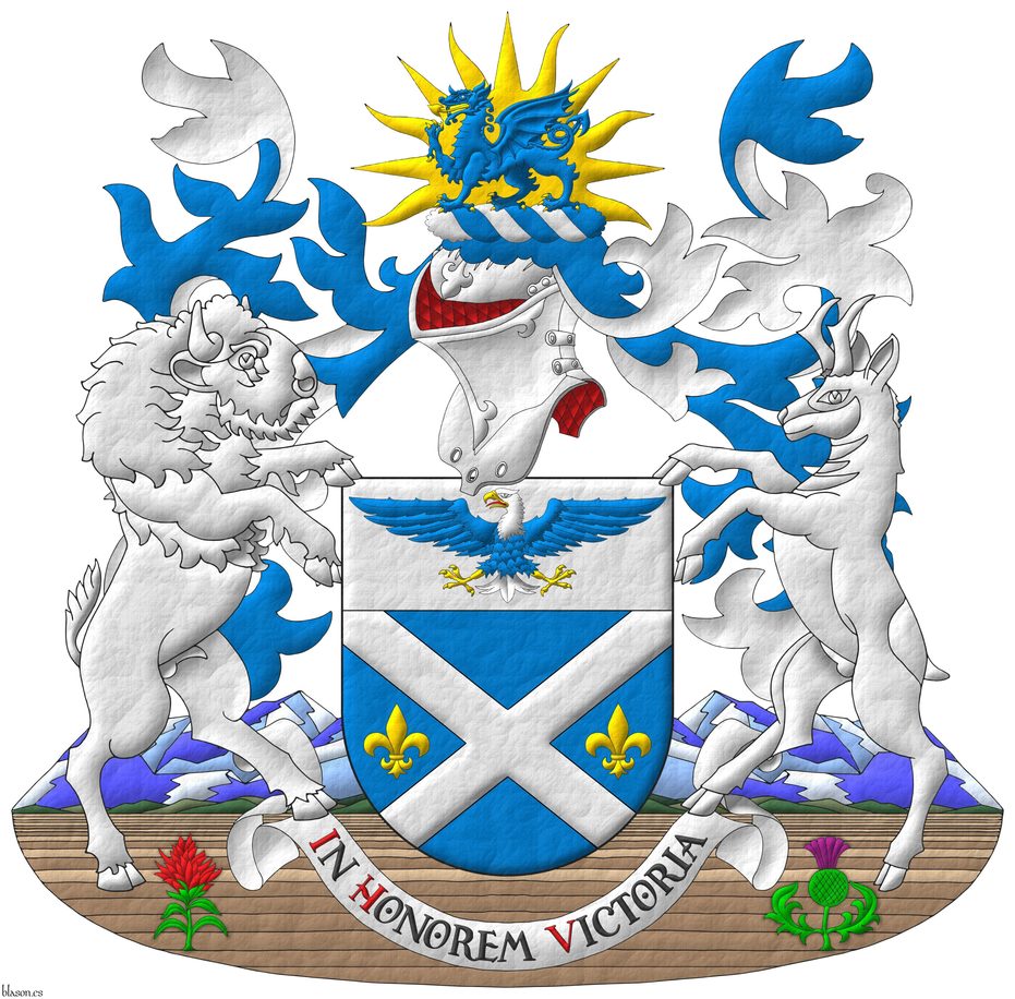 Azure, a saltire Argent between two fleurs de lis in fess Or; on a chief Argent, a bald eagle displayed Azure, head and tail Argent, beaked, armed and membered Or, langued Gules. Crest: Upon a helm with a wreath Argent and Azure, a dragon passant Azure, armed and langued Or; in front of a sun rising Or. Mantling: Azure doubled Argent. Motto: �In Honorem Victoria� Sable, with initial letters Gules, over a scroll Argent. Supporters: Dexter a binson and sinister a pronghorn Argent, terraced by rocky mountains and great plains charged with, in dexter, an Indian paintbrush, and in siniester, a thistle proper.