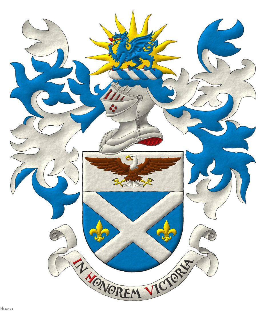 Azure, a saltire Argent between two fleurs de lis in fess Or; on a chief Argent, a bald eagle displayed proper. Crest: Upon a helm befitting his degree with a wreath Argent and Azure, a dragon passant Azure, armed and langued Gules; in front of a sun rising Or. Mantling: Azure doubled Argent. Motto: �In Honorem Victoria� Sable, with initial letters Gules, over a scroll Argent.