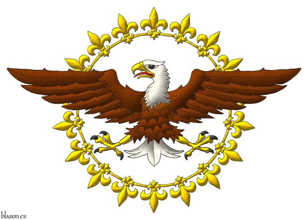 An annulet flory Or debruised by a bald eagle displayed proper.