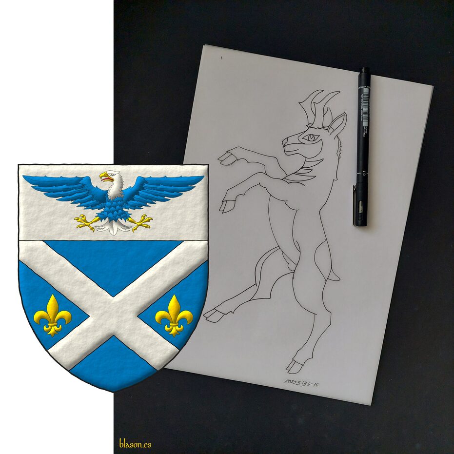 Escudo de azur, un sotuer de plata acompa�ado de dos flores de lis en faja de oro; en un jefe de plata, un �guila calva de azur, cabeza y cola de plata, picada, armada y membrada de oro, lampasada de gules. Soporte: Siniestro, un berrendo de plata.