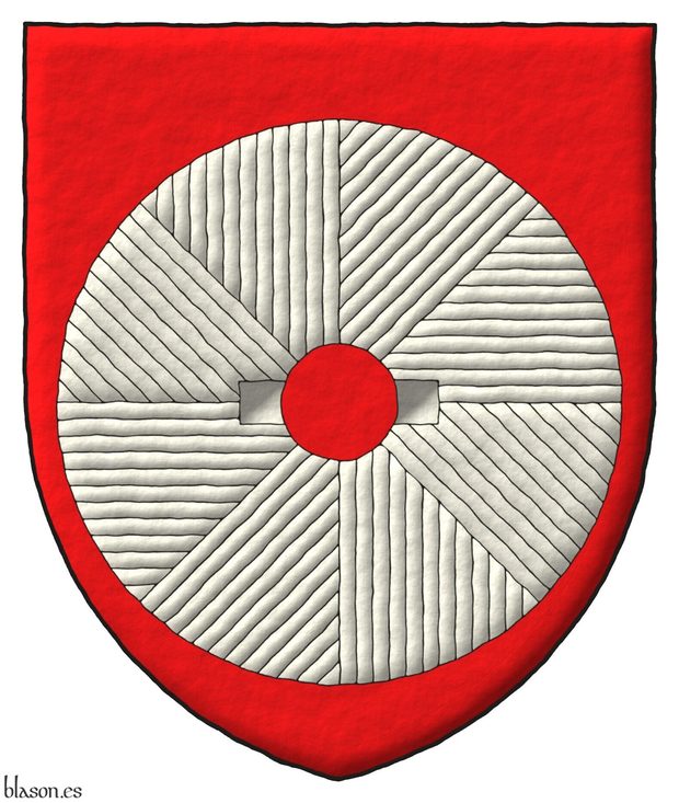 Escudo de gules, una piedra de molino de plata.