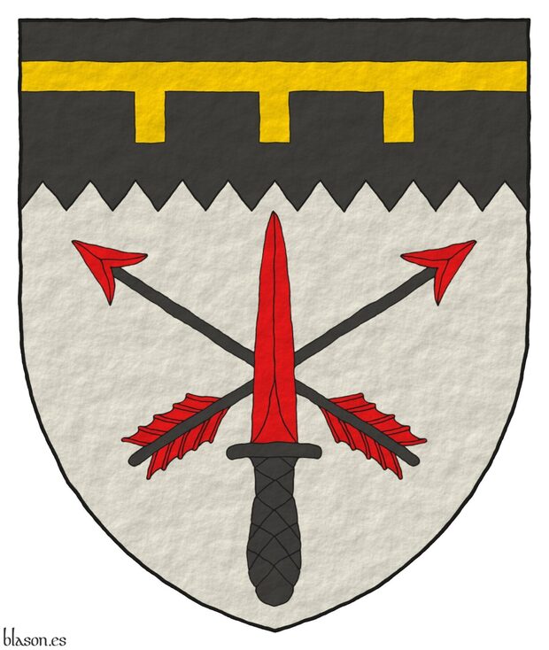 Argent, two arrows points upwards in saltire Sable, barbed and feathered Gules, surmounted of a commando dagger point upwards in pale Gules, hilted and pommelled Sable; on a chief indented Sable, a label of three points Or.
