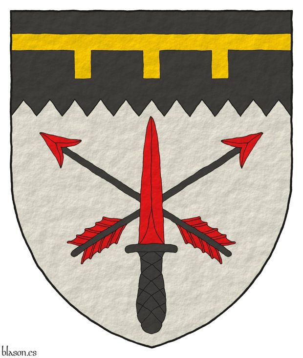 Escudo de plata, dos flechas alzadas en sotuer de sable, barbadas y empenadas de Gules, brochante una daga de comando alzada en palo de gules, guarnecida y pomelada de sable; en un jefe centellado de sable, un lambel de tres pendientes de oro.