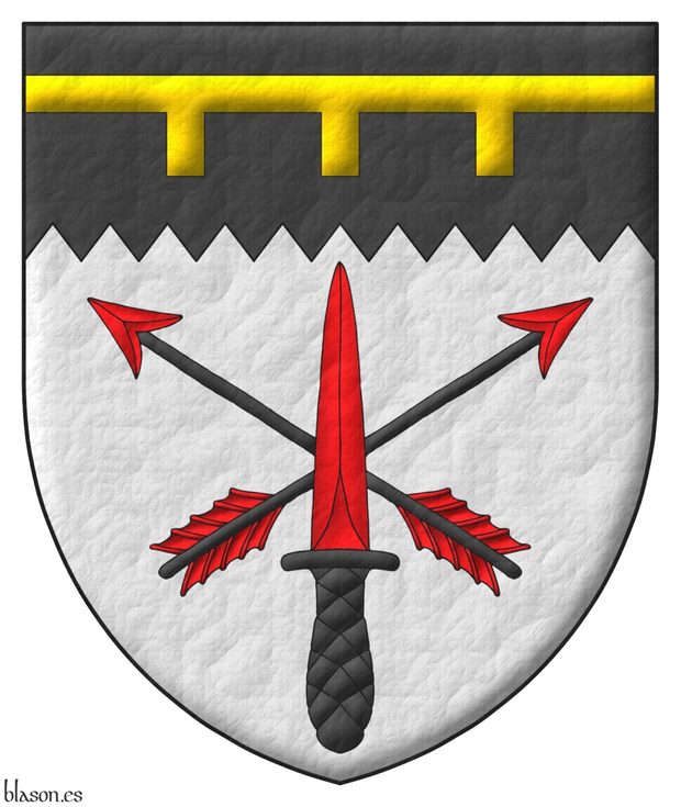 Escudo de plata, dos flechas alzadas en sotuer de sable, barbadas y empenadas de Gules, brochante una daga de comando alzada en palo de gules, guarnecida y pomelada de sable; en un jefe centellado de sable, un lambel de tres pendientes de oro.