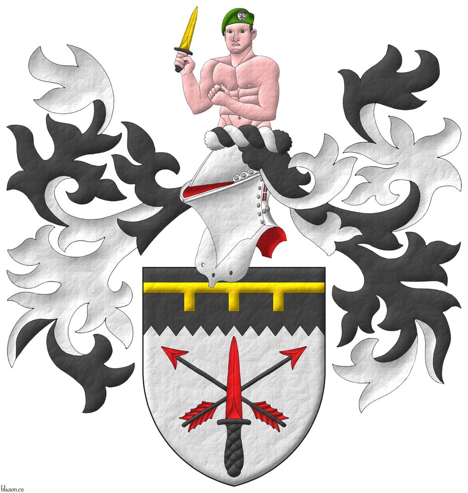 Escudo de plata, dos flechas alzadas en sotuer de sable, barbadas y empenadas de Gules, brochante una daga de comando alzada en palo de gules, guarnecida y pomelada de sable; en un jefe centellado de sable, un lambel de tres pendientes de oro. Timbrado de un yelmo de frente adornado de dos lambrequines de sable doblados de plata, un burelete de plata y sable, cimado de a hombre saliente al natural, llevando una boina de sinople, teniendo en su mano diestra una daga de comando alzada de oro, guarnecida y pomelada de sable.