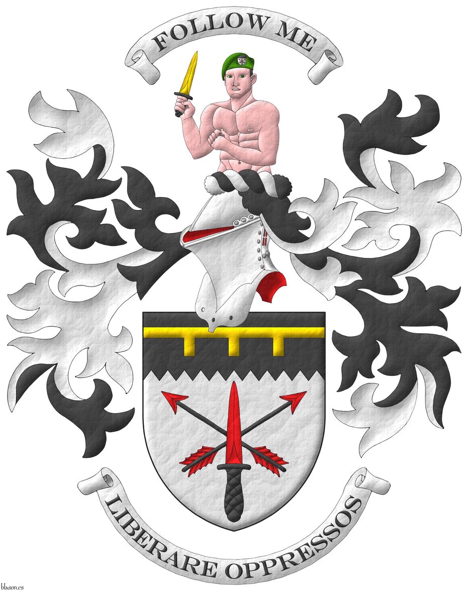 Escudo de plata, dos flechas alzadas en sotuer de sable, barbadas y empenadas de Gules, brochante una daga de comando alzada en palo de gules, guarnecida y pomelada de sable; en un jefe centellado de sable, un lambel de tres pendientes de oro. Timbrado de un yelmo de frente adornado de dos lambrequines de sable doblados de plata, un burelete de plata y sable, cimado de a hombre saliente al natural, llevando una boina de sinople, teniendo en su mano diestra una daga de comando alzada de oro, guarnecida y pomelada de sable. Lema: Liberare oppressos. Lema sobre la cimera: Follow me.