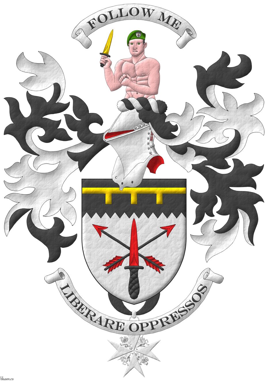 Escudo de plata, dos flechas alzadas en sotuer de sable, barbadas y empenadas de Gules, brochante una daga de comando alzada en palo de gules, guarnecida y pomelada de sable; en un jefe centellado de sable, un lambel de tres pendientes de oro. Timbrado de un yelmo de frente adornado de dos lambrequines de sable doblados de plata, un burelete de plata y sable, cimado de a hombre saliente al natural, llevando una boina de sinople, teniendo en su mano diestra una daga de comando alzada de oro, guarnecida y pomelada de sable. Lema: Liberare oppressos. Lema sobre la cimera: Follow me. Pendiente de la punta la cruz de la Ms Venerable Orden del Hospital de San Juan de Jerusaln.