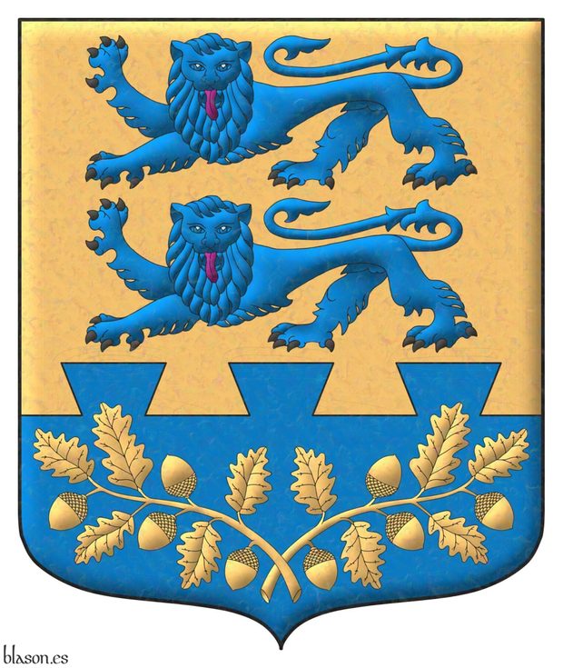 Escudo de oro, dos leopardos en palo de azur, armados de sable, lampasados de gules; en una punta encajada de colas de milano dos ramas de roble, hojadas y frutadas en pila de oro.