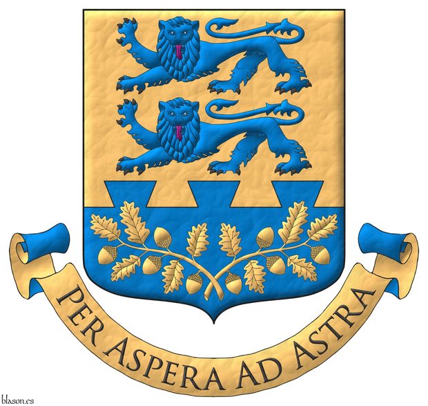 Or, two lions passant, guardant in pale Azure, armed Sable, langued Gules; in a base dovetailed Azure, two oak branches, leaved, fructed in pile Or. Motto: �Per Aspera ad Astra� Sable, over a scroll Or doubled Azure.