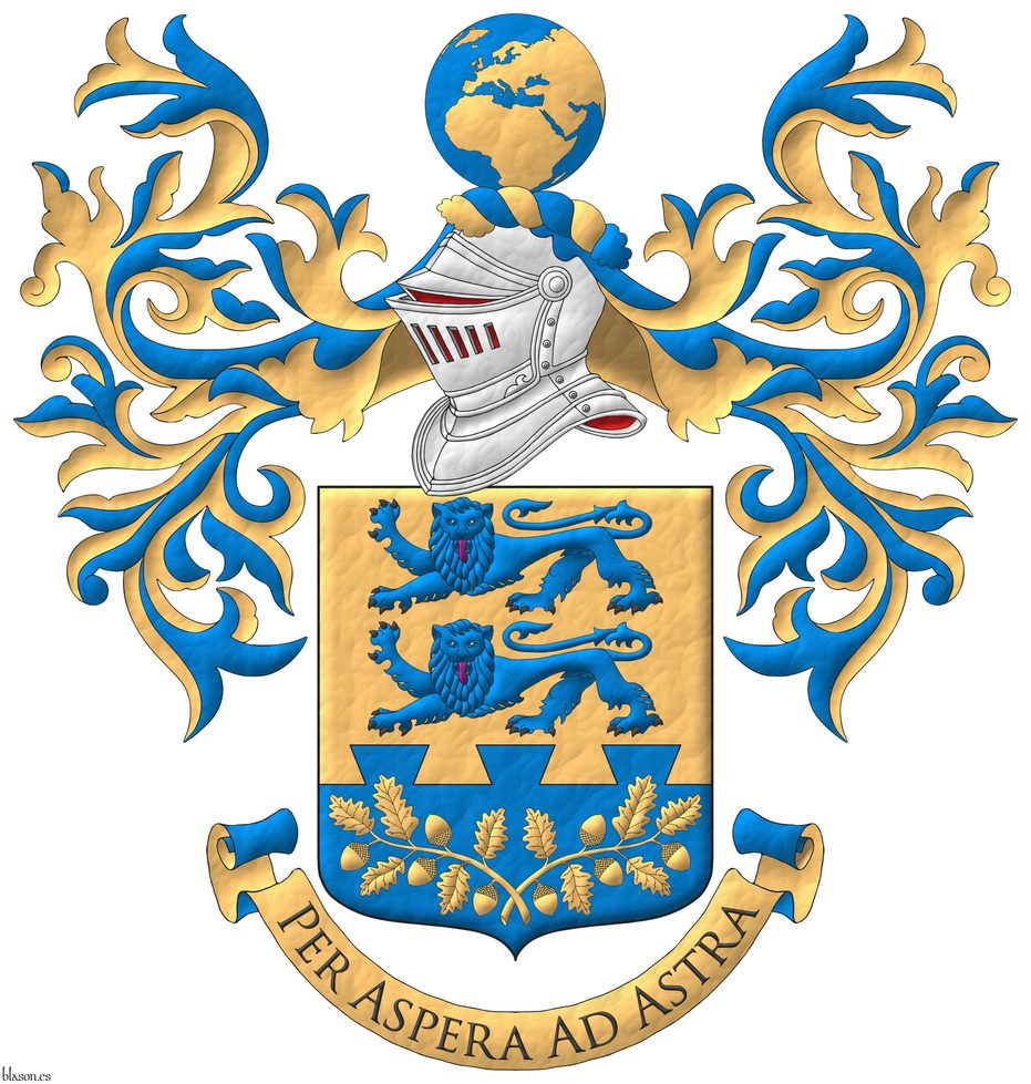 Or, two lions passant, guardant in pale Azure, armed Sable, langued Gules; in a base dovetailed Azure, two oak branches, leaved, fructed in pile Or. Crest: Upon a helm with a wreath Or and Azure, a terrestrial globe Azure, the continents Or, visible Europe. Mantling: Azure doubled Or. Motto: �Per Aspera ad Astra� Sable, over a scroll Or doubled Azure.