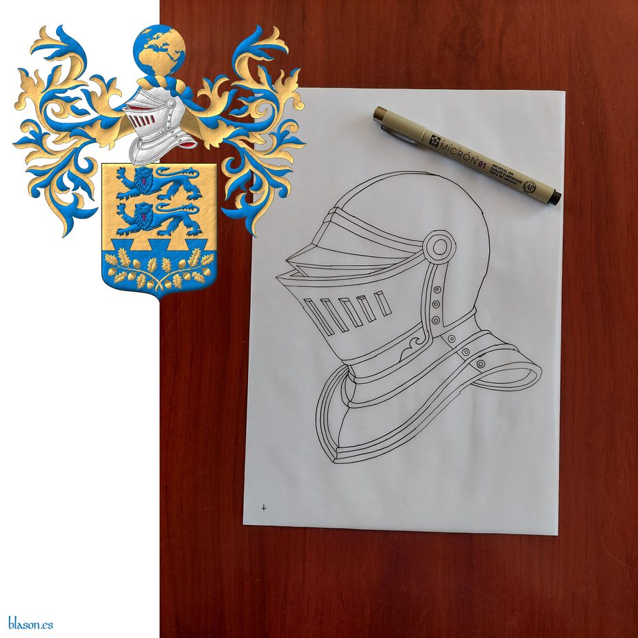 Or, two lions passant, guardant in pale Azure, armed Sable, langued Gules; in a base dovetailed Azure, two oak branches, leaved, fructed in pile Or. Crest: Upon a helm with a wreath Or and Azure, a terrestrial globe Azure, the continents Or, visible Europe. Mantling: Azure doubled Or.