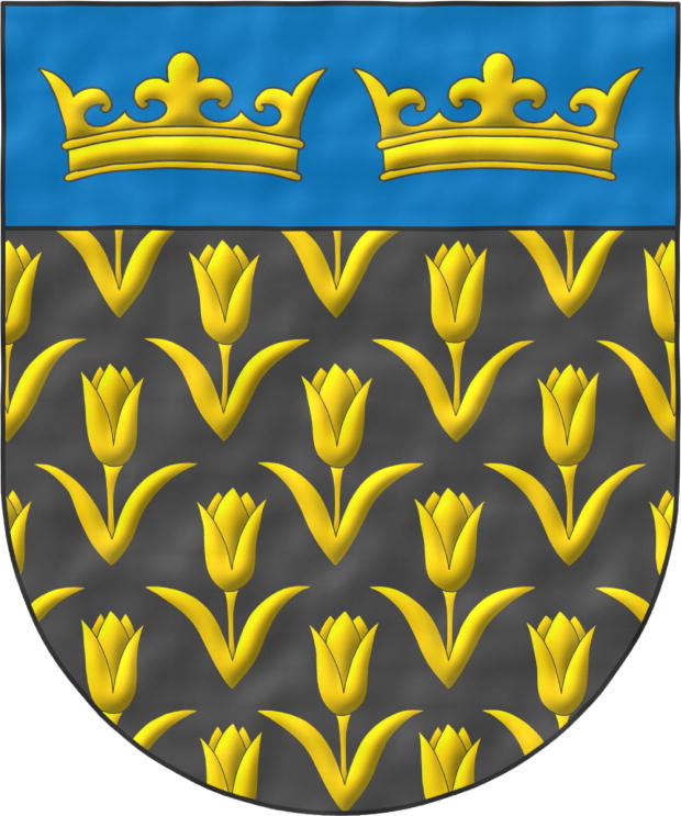 Sable, sem of Tulips Or; on a chief cousu Azure, two Crowns Or, in fess.