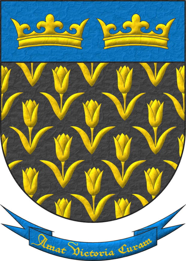 Sable, semé of Tulips Or; on a chief cousu Azure, two Crowns Or, in fess. Motto «Amat victoria curam».