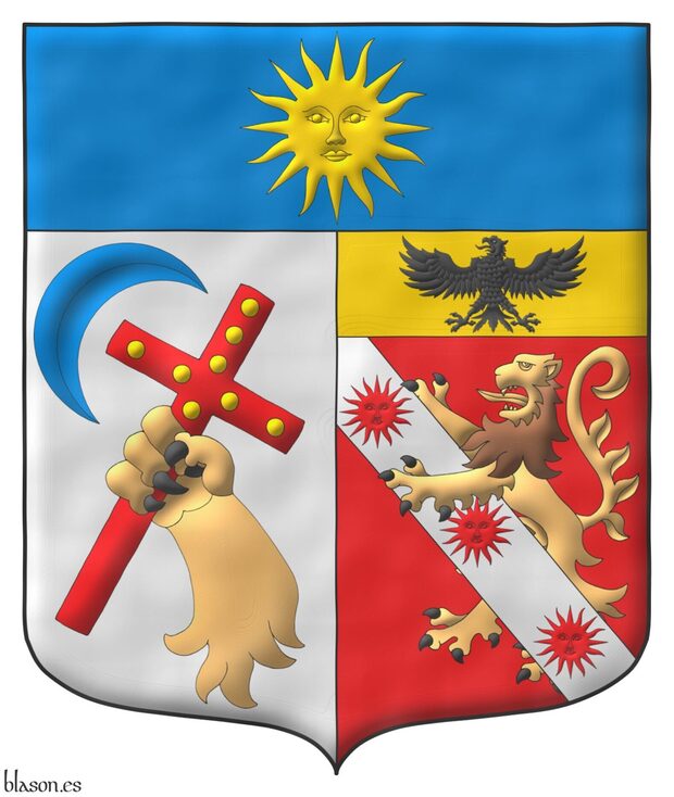 Party per pale: 1 Argent, a lion's forelegerased, bendwise proper, grasping a Latin cross bend sinisterwise Gules charged in chief with eight bezants in cross, 4 and 4, in the dexter chief, a decrescent bend sinisterwise Azure; 2 Gules, a lion rampant proper debruised by a bend Argent charged with three suns in splendour Gules, on a chief Or an eagle displayed Sable; on a chief Azure a sun in splendour Or.