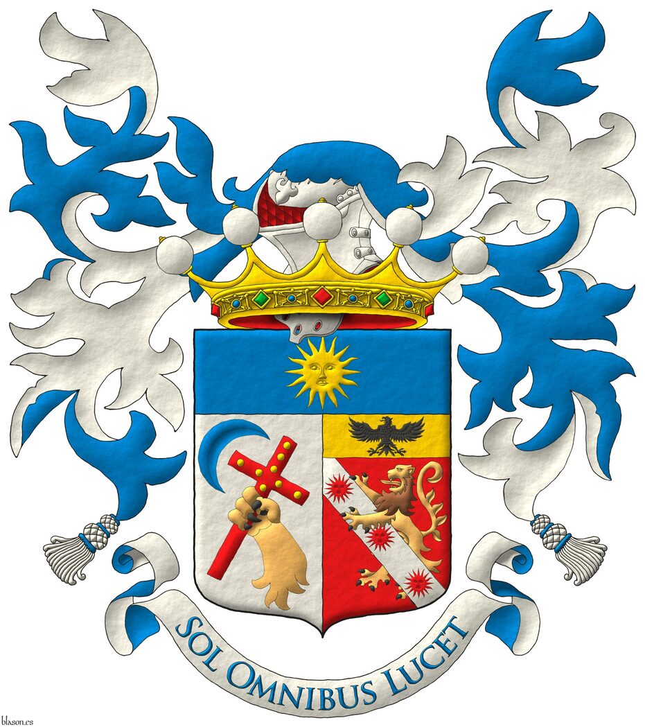 Party per pale: 1 Argent, a lion's forelegerased, bendwise proper, grasping a Latin cross bend sinisterwise Gules charged in chief with eight bezants in cross, 4 and 4, in the dexter chief, a decrescent bend sinisterwise Azure; 2 Gules, a lion rampant proper debruised by a bend Argent charged with three suns in splendour Gules, on a chief Or an eagle displayed Sable; on a chief Azure a sun in splendour Or. Crest: A helm issuant from a crown of Noble above the shield. Mantling: Azure doubled Argent. Motto: �Sol omnibus lucet� Azure over a scroll Argent doubled Azure.
